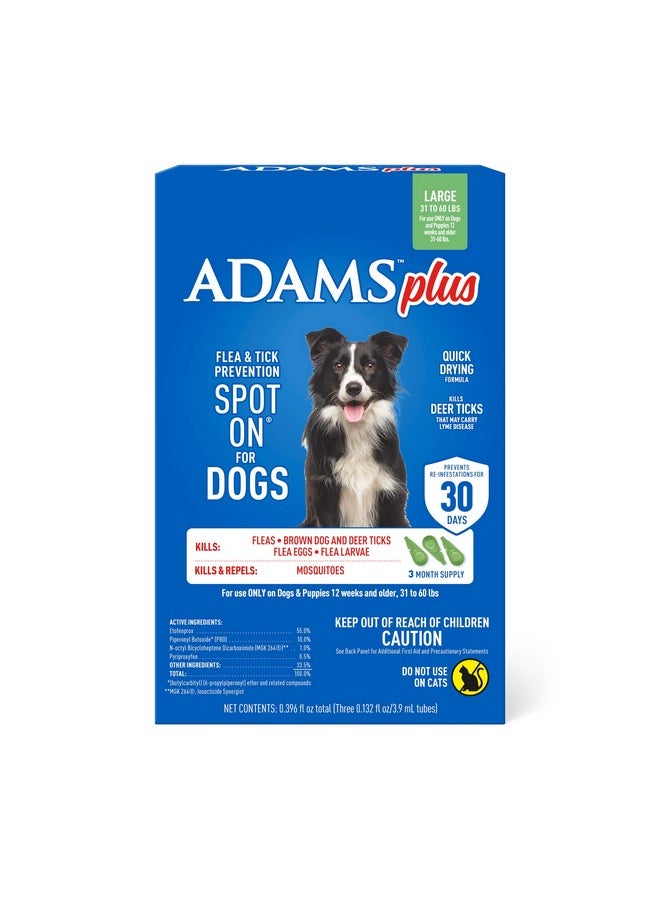 ADAMS Adams Plus Flea & Tick Prevention Spot On for Dogs 31-60 Pounds ; 12 Weeks & Older, 3-Month Supply, Kills Fleas, Flea Eggs, Flea Larvae & Brown Dog & Deer Ticks, Kills & Repels Mosquitoes for 30 Days  - Image 1