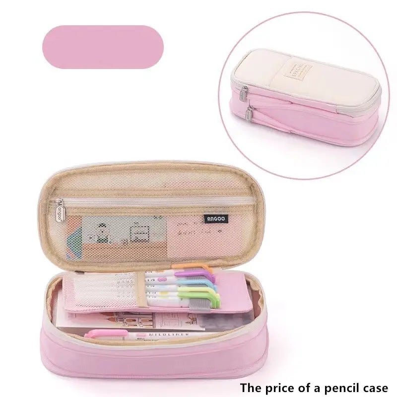 Korean Style Pencil Case Ins Japanese and Korean Style Macaron Color-matching Retractable Large Capacity Upgraded Pencil Case Stationery Case Foreign Trade Canvas Powder 
