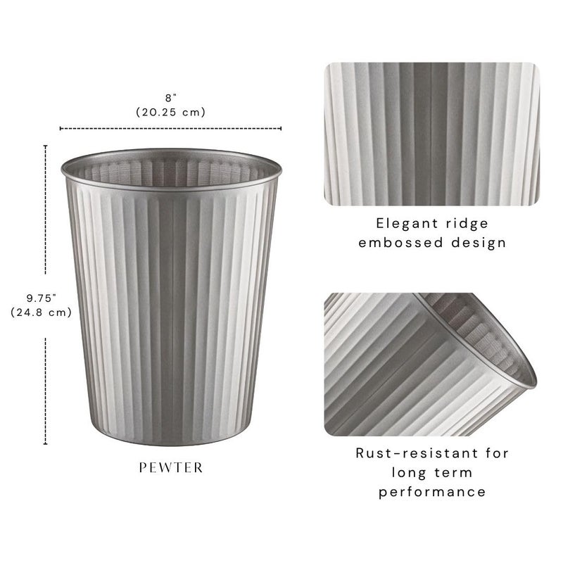 Monarch Abode Metal Bathroom Trash Can – Waste Basket for Bedroom, Office Desk, & Dorm, Handcrafted Ridge Embossed, Durable Decorative Pewter Small Trash Can Bathroom Garbage Bin Wastebasket - Image 2
