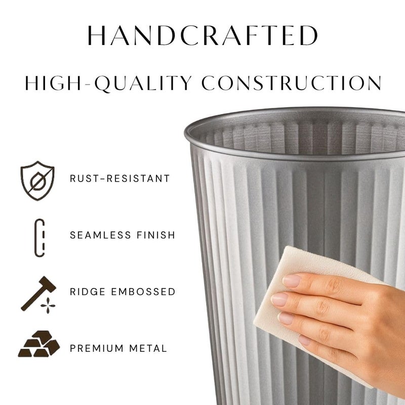 Monarch Abode Metal Bathroom Trash Can – Waste Basket for Bedroom, Office Desk, & Dorm, Handcrafted Ridge Embossed, Durable Decorative Pewter Small Trash Can Bathroom Garbage Bin Wastebasket - Image 3