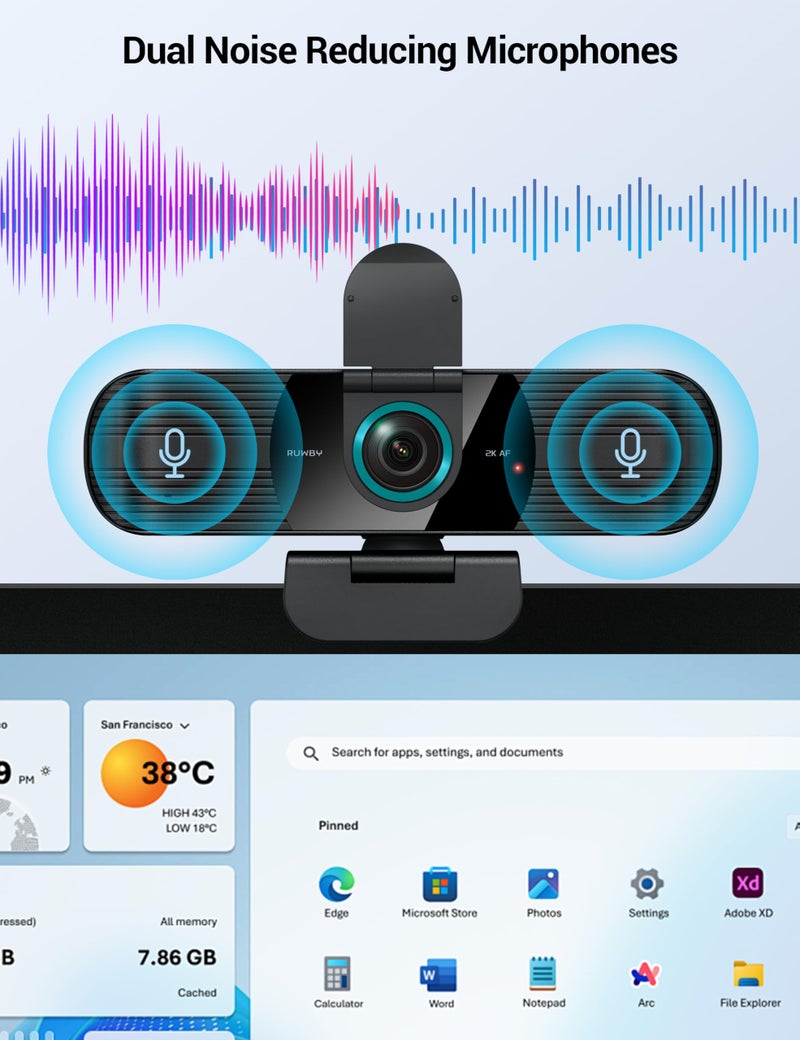 RUWBY QHD 2K Webcam with Built-in Dual Mics, Wide-Angle Lens, Privacy Cover, Tripod Stand, Autofocus Computer Camera, Plug and Play for Desktop PC or Laptop - Image 5