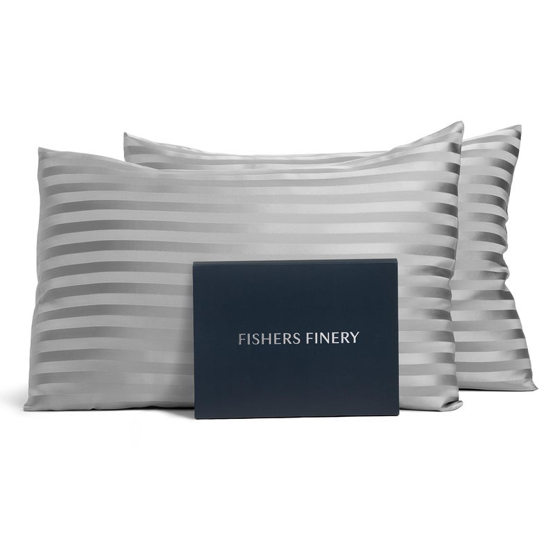 Fishers Finery 25mm 100% Pure Mulberry Silk Pillowcase Set  Good Housekeeping Winner (Gray Stripe  Queen 2 Pack) - Image 1