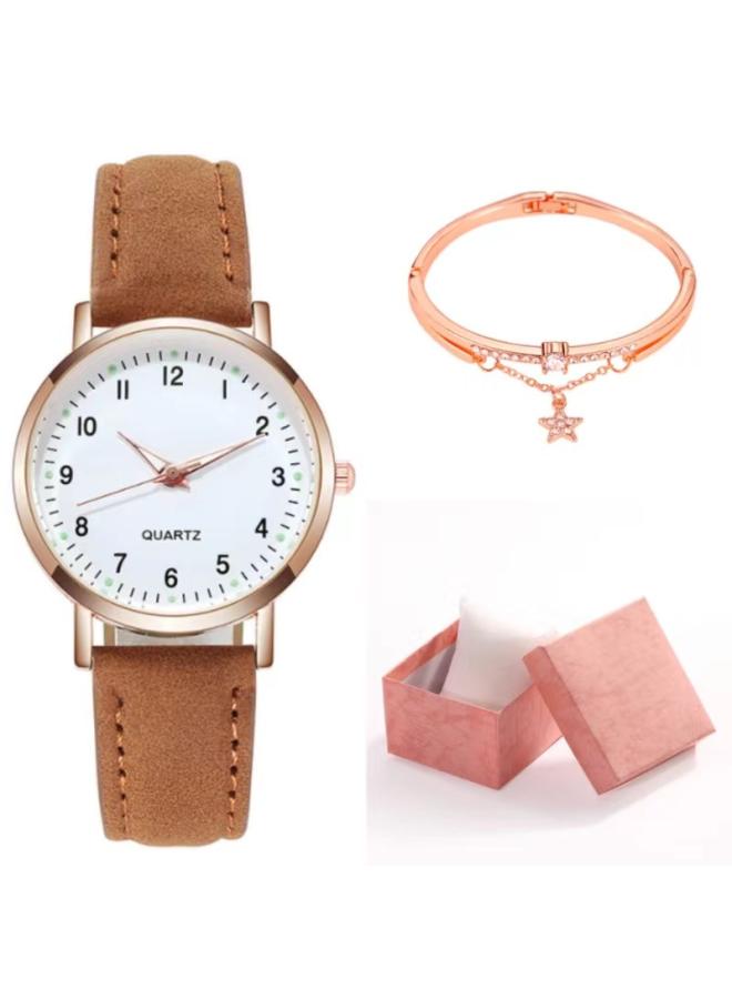 Two-piece Simple Women's Watch Digital Female Student Luminous Watch Fashion Matte Leather Casual Women's Quartz Watch