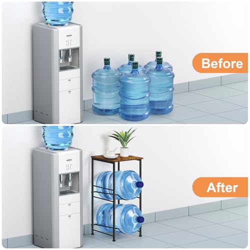 BTY Water Bottle Holder Organizer 5 Gallon Water Jug Holder with Top Shelves 2 Tier Water Cooler Jug Storage Rack Heavy Duty Water Dispenser Stand for 5 Gallon Bottle Kitchen Office Living Room Brown - Image 4