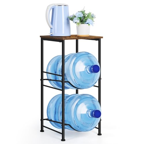 BTY Water Bottle Holder Organizer 5 Gallon Water Jug Holder with Top Shelves 2 Tier Water Cooler Jug Storage Rack Heavy Duty Water Dispenser Stand for 5 Gallon Bottle Kitchen Office Living Room Brown - Image 1