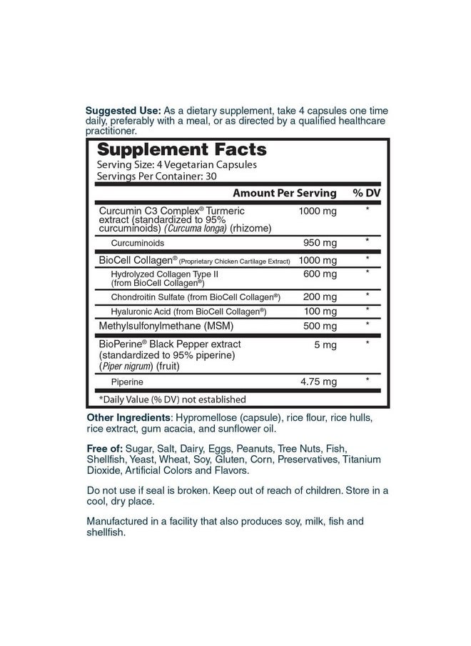 Nature's Lab - Gold Turmeric Joint Complex Biocell Collagen Hyaluronic Acid C3 Curcumin Msm 120 Capsules - Image 1