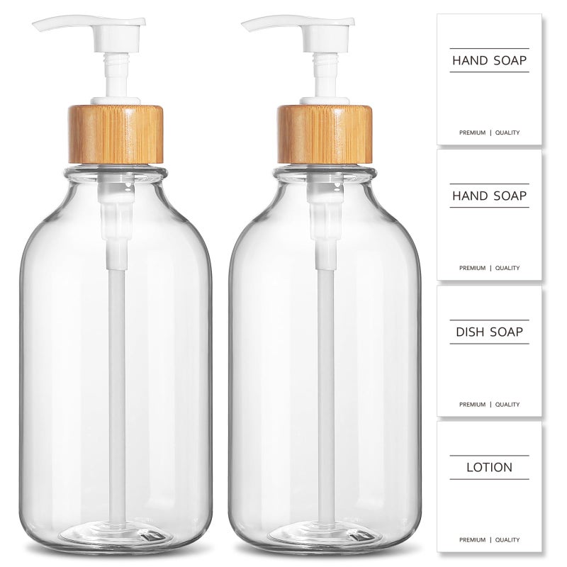 KASUNTING Clear Soap Dispenser, 2 Pack Plastic Dish Soap Dispenser for Kitchen, 17 Fl Oz Bathroom Hand Soap and Lotion Dispensers Set with Bamboo Pump, Refillable Liquid Soap Bottles - Image 1