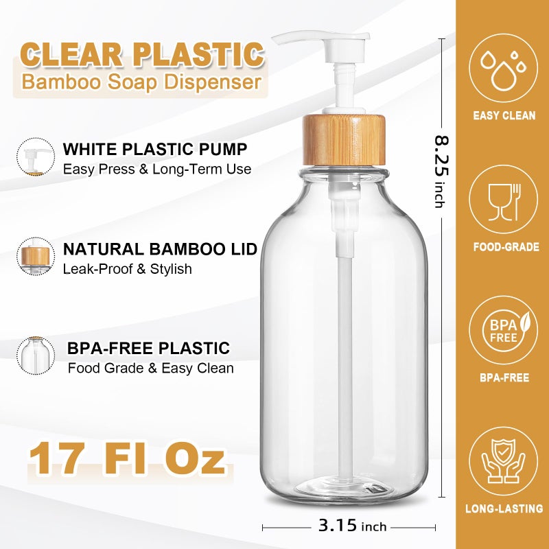 KASUNTING Clear Soap Dispenser, 2 Pack Plastic Dish Soap Dispenser for Kitchen, 17 Fl Oz Bathroom Hand Soap and Lotion Dispensers Set with Bamboo Pump, Refillable Liquid Soap Bottles - Image 3