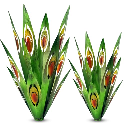 Jesokiibo Tequila Rustic Sculpture DIY Metal Agave Plant Home Decor Rustic Hand Painted Metal Agave Garden Ornaments Outdoor Decor Figurines Home Yard Decorations Stakes Lawn Ornaments (Green 2PCS) - Image 1