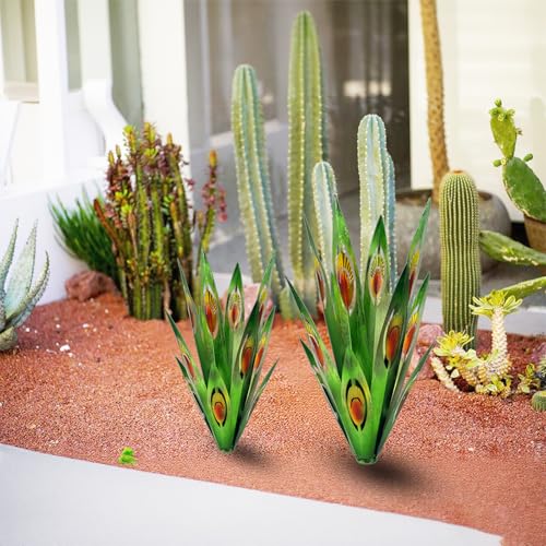 Jesokiibo Tequila Rustic Sculpture DIY Metal Agave Plant Home Decor Rustic Hand Painted Metal Agave Garden Ornaments Outdoor Decor Figurines Home Yard Decorations Stakes Lawn Ornaments (Green 2PCS) - Image 4