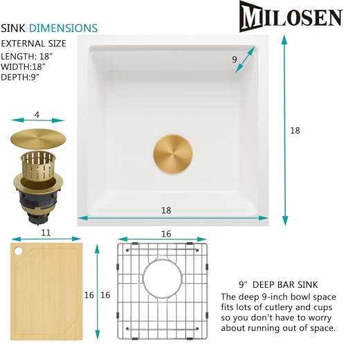 MILOSEN Undermount Bar Sink, 18 ×18 Inch Small White Granite Composite Wet Bar or Prep Sink, 9 Inch Deep Outdoor Single Bowl Workstation Basin with Accessories, Quartz Sinks - Image 2