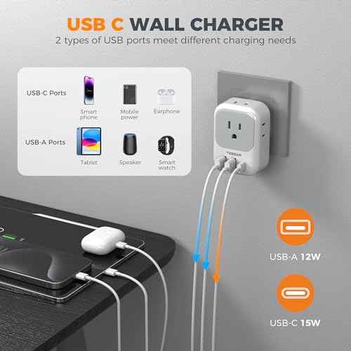 TESSAN South Africa Plug Adapter 2 Pack, TESSAN Type M Power Adapter with 4 AC Outlets 3 USB Ports(1 USB C), Travel Adaptor US to Botswana Namibia Nepal Bhutan - Image 4