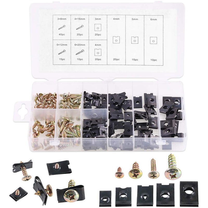 Glarks 170Pieces U-Clip and Screw Assortment, 5 Size U-Style Clip-On Nut with Mounting Screws Kit for Securing Wires and Cables - Image 1