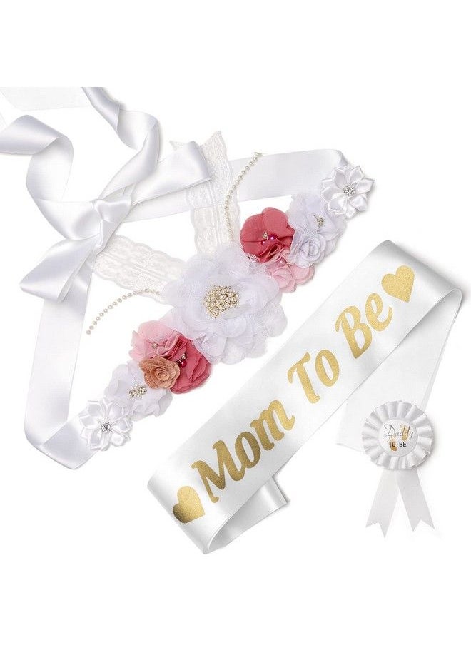 Baby Noah - Baby Shower Maternity Sash Belly Belt Mom To Be & Dad To Be Button Pin Pregnancy Maternity Flower Sash Belt For Gender Reveal (White) - Image 1