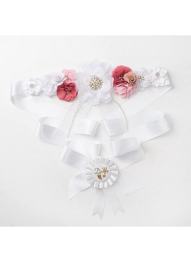 Baby Noah - Baby Shower Maternity Sash Belly Belt Mom To Be & Dad To Be Button Pin Pregnancy Maternity Flower Sash Belt For Gender Reveal (White) - Image 1