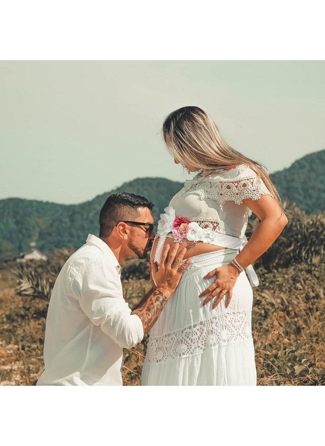 Baby Noah - Baby Shower Maternity Sash Belly Belt Mom To Be & Dad To Be Button Pin Pregnancy Maternity Flower Sash Belt For Gender Reveal (White) - Image 1