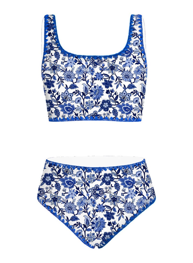 blibean Tween Girl Swimsuits Little Kids Girls Summer Swim Bathing Suits Teen Fashion Two Piece Bikini Boho Hawaii Swimwear Beach Sets Traje Baño Niñas Size 10-11 Year Old Blue Floral - Image 1