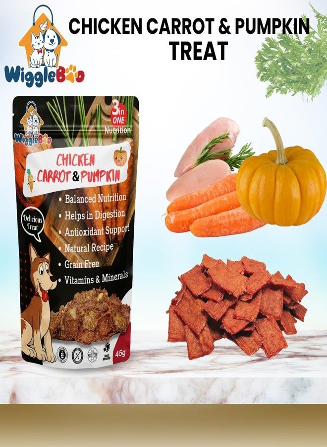 WiggleBoo مكافآت ويغل بو للكلاب بنكهة الدجاج والجزر واليقطين | غنية بالبروتين | مزيل طبيعي للسموم | وجبة خفيفة مقرمشة (45 غرام) - Image 2