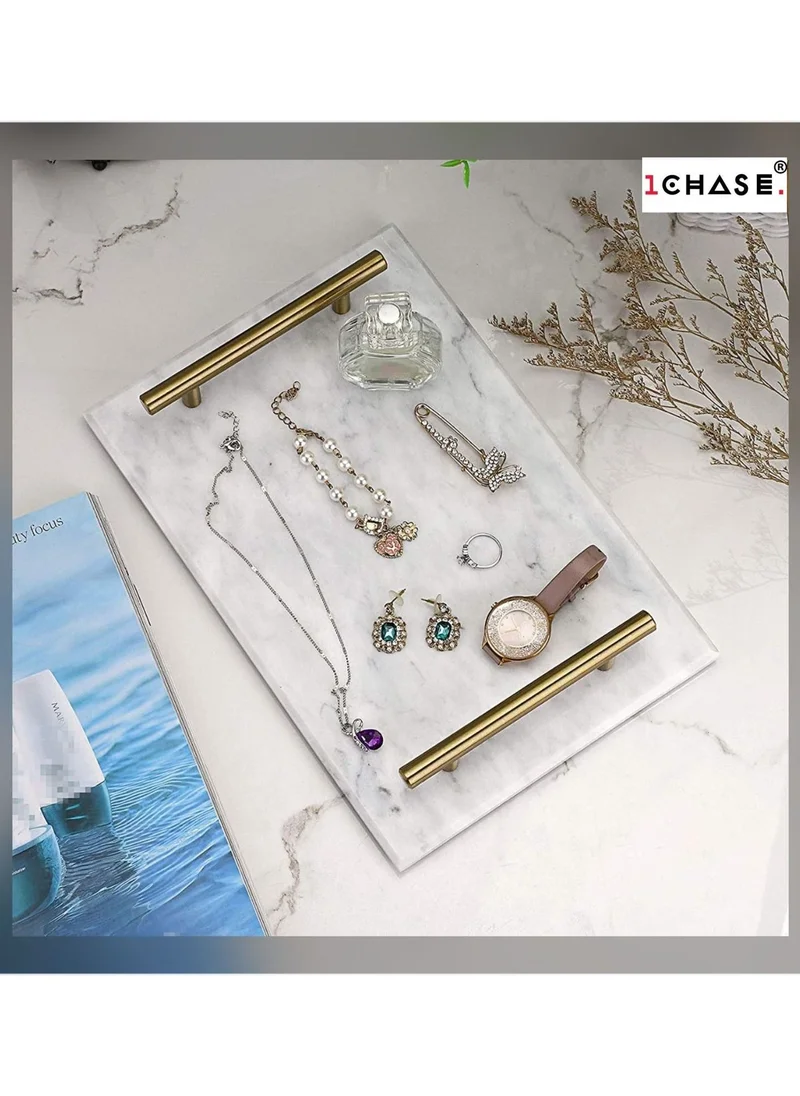 1Chase Marble Trinket Vanity Tray with Gold Handle (White) 30x20 cm