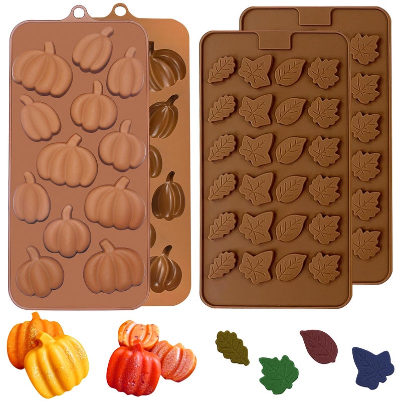 Eduee Fall Chocolate Molds 4 Pieces Silicone Pumpkin Candy Mold Maple Leaf Shaped Fondant Molds For Thanksgiving Halloween Autumn Harvest Cupcake Cake Topper Decoration - Image 1