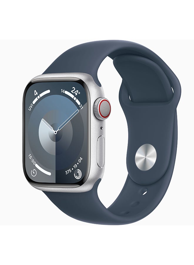 Apple Watch Series 9 GPS + Cellular 45mm Silver Aluminium Case With Storm Blue Sport Band - Image 1