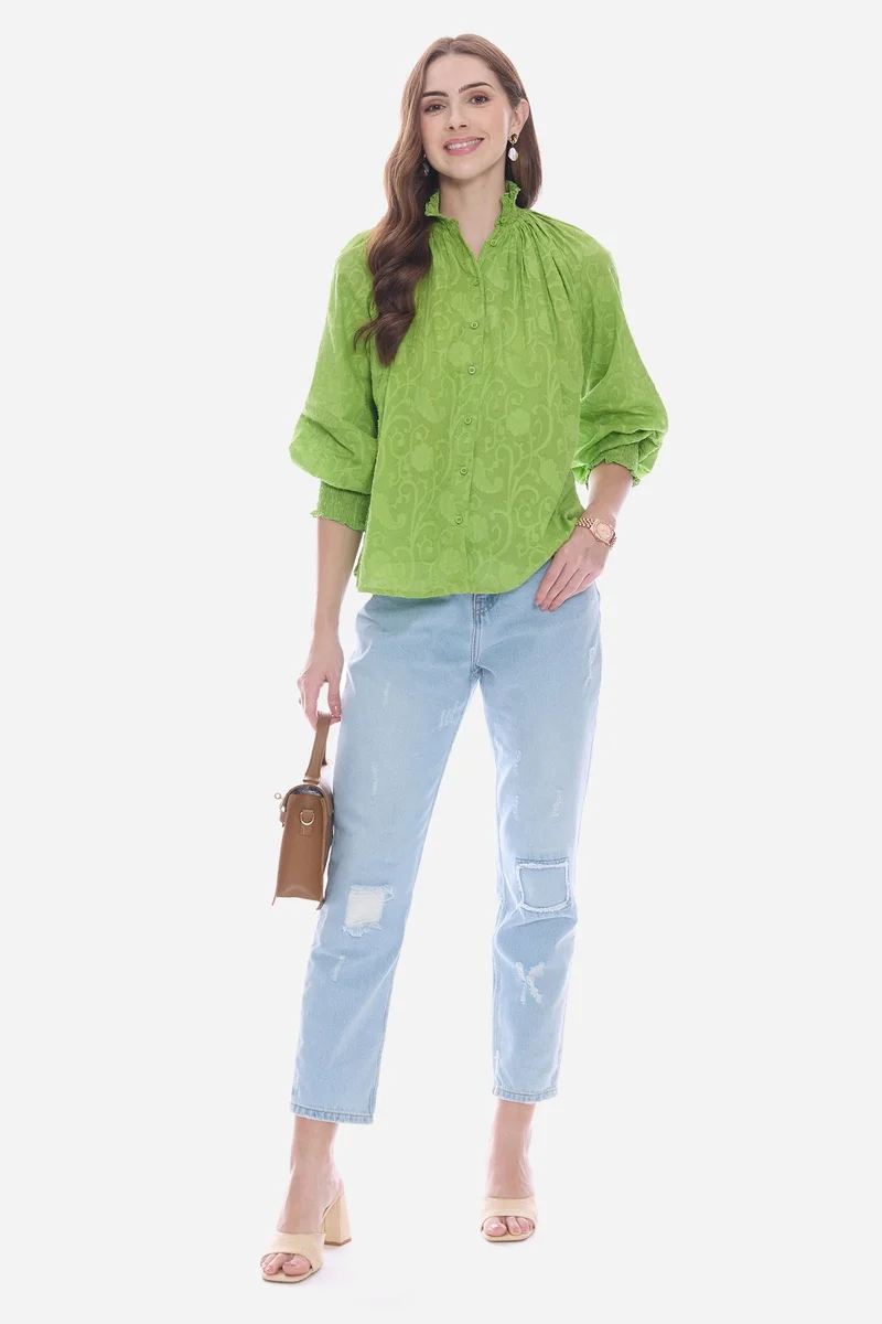 فيرجيو Solid Cotton Smocked High Neck Shirt for Women