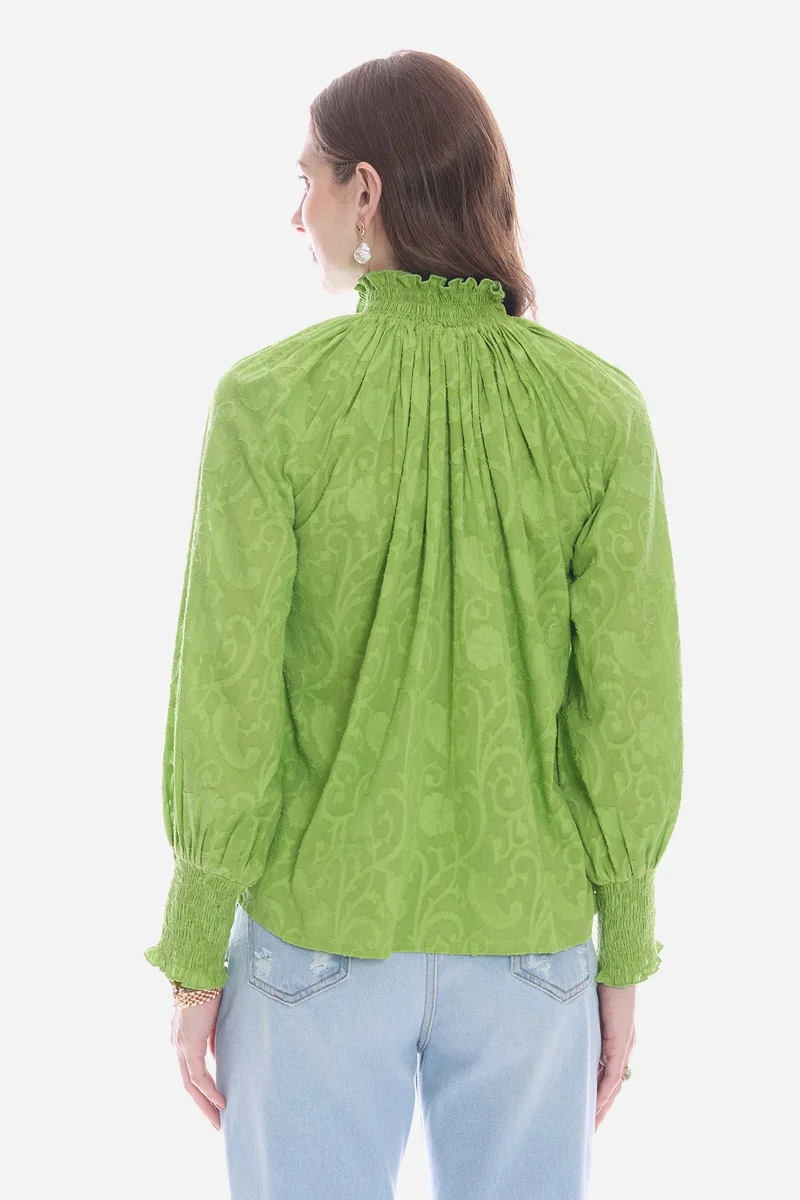 Virgio Green Solid Cotton Smocked High Neck Shirt for Women for Women | Best Price UAE