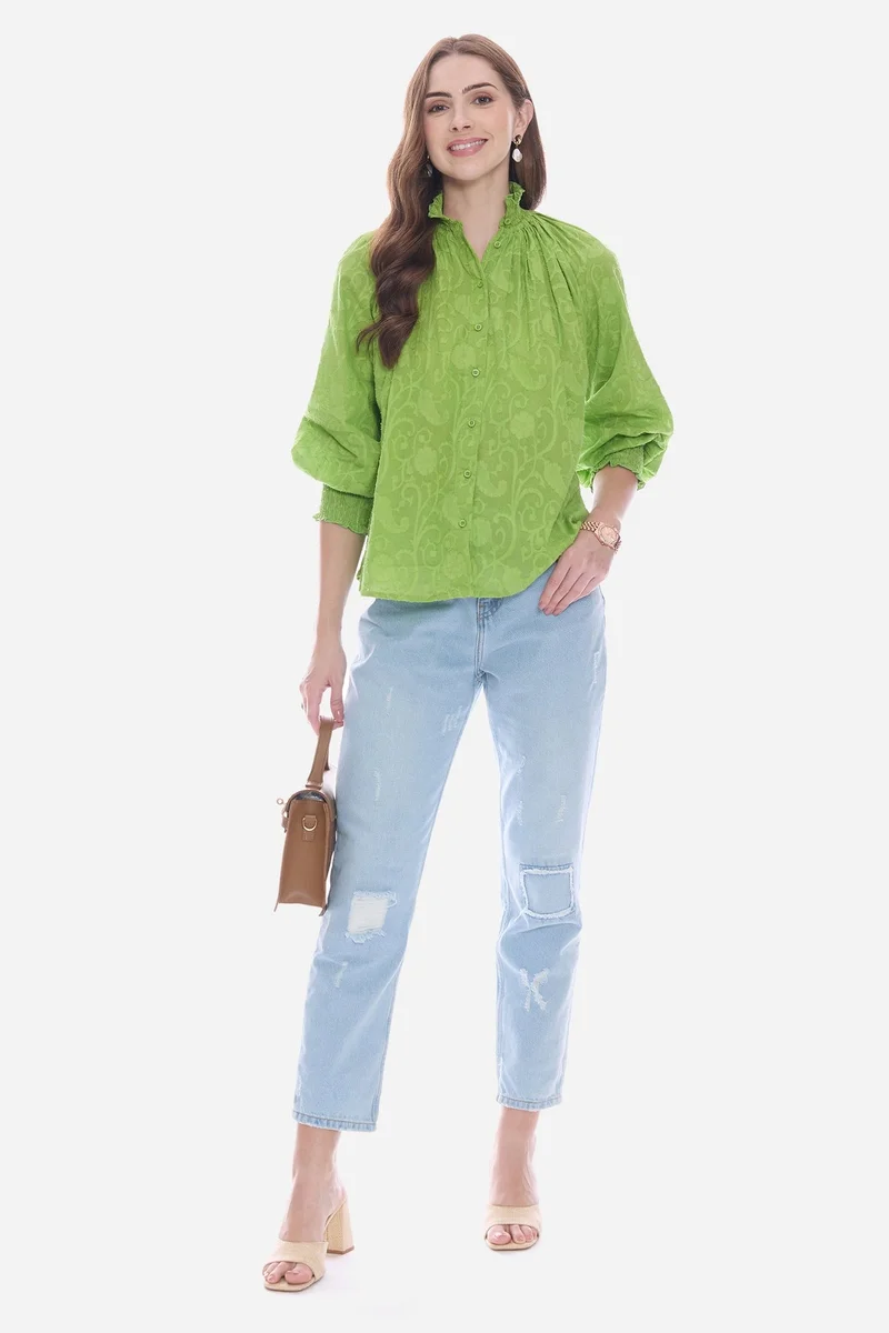 فيرجيو Solid Cotton Smocked High Neck Shirt for Women