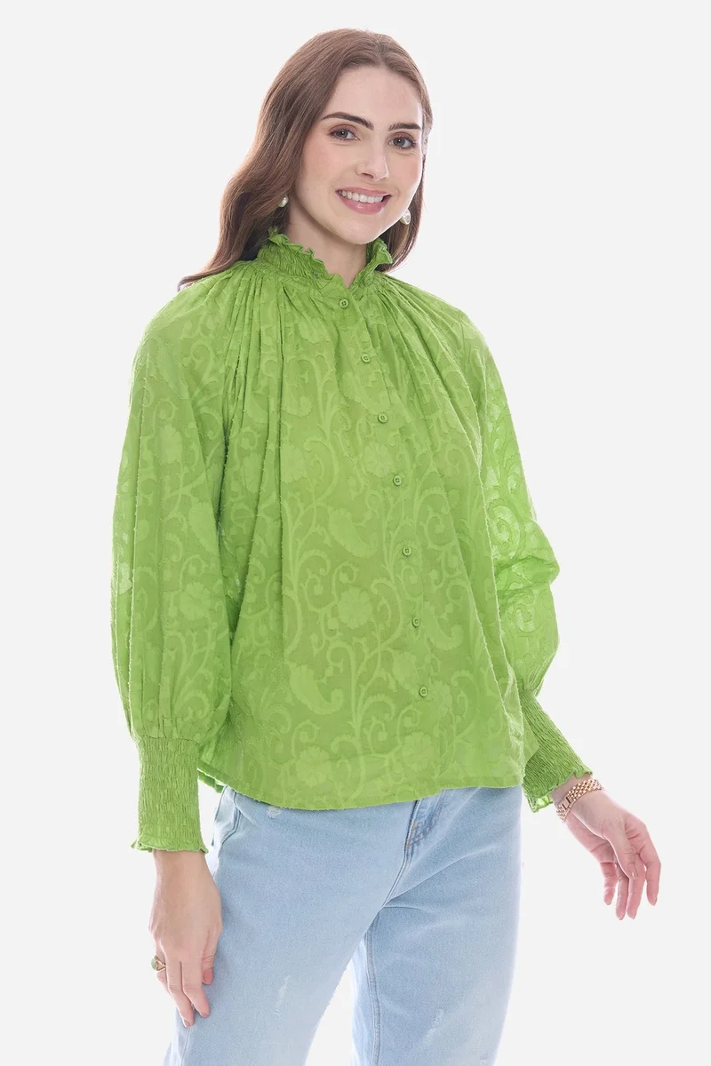Virgio Green Solid Cotton Smocked High Neck Shirt for Women for Women | Best Price UAE