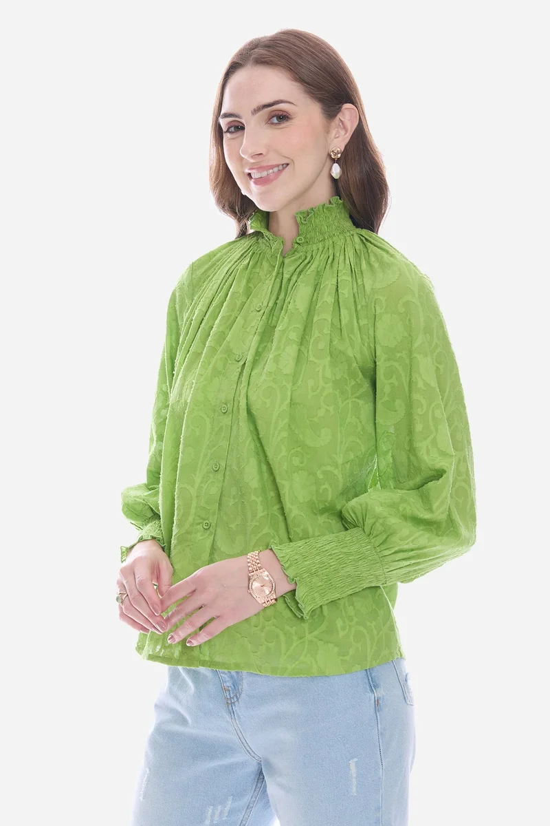 Virgio Green Solid Cotton Smocked High Neck Shirt for Women for Women | Best Price UAE
