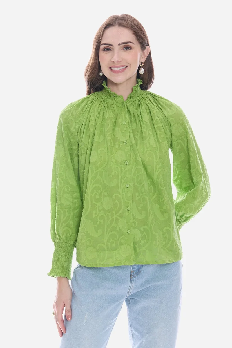 فيرجيو Solid Cotton Smocked High Neck Shirt for Women