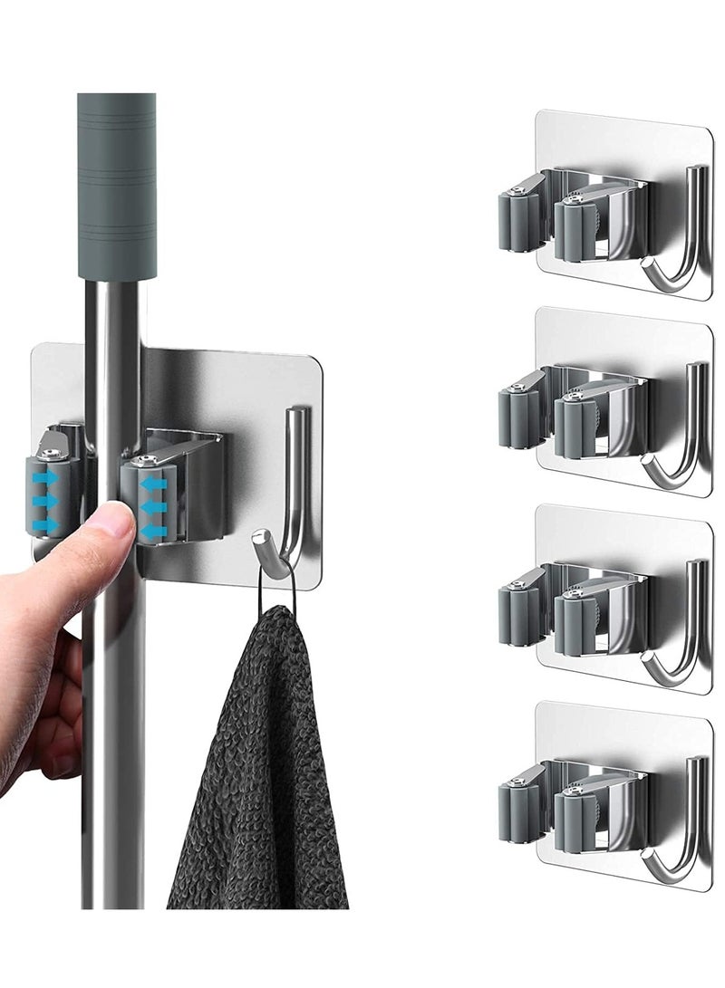 5 Pcs Mop Broom Holder, Self Adhesive Stainless Steel Broom Storage with Rack and Hook, Wall Mounted Mop Broom Organizer for Home, Bathroom, Kitchen, Officee, Closet (Silver)  - Image 1