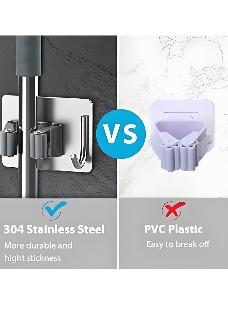 5 Pcs Mop Broom Holder, Self Adhesive Stainless Steel Broom Storage with Rack and Hook, Wall Mounted Mop Broom Organizer for Home, Bathroom, Kitchen, Officee, Closet (Silver)  - Image 2
