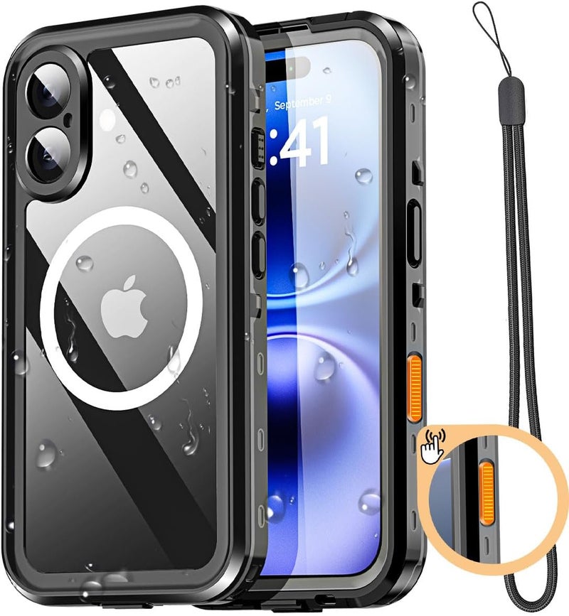 ايه اي كيس حافظة AICase المقاومة للماء المتوافقة مع iPhone 16 Plus مع MagSafe، مقاومة للثلج والغبار والصدمات، حاصلة على شهادة IP68، حماية كاملة للجسم، غطاء مغلق تمامًا تحت الماء - أسود - Image 1
