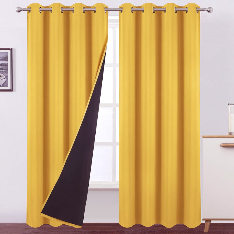 LEMOMO 100 Blackout Yellow Curtains with Black Lining52 x 84 InchSet of 2 Panels Thermal Insulated Room Darkening Curtains for Bedroom