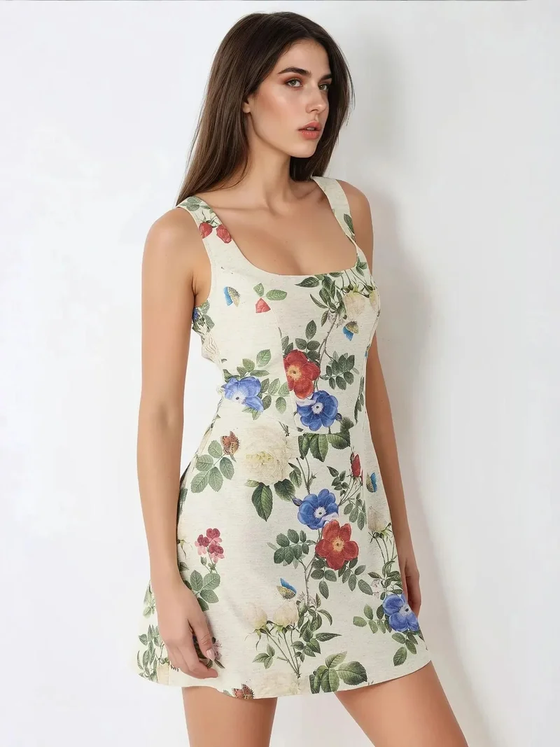 HICCUP Multicolor Square Neck Flower Pattern Linen Feel Mini Dress for Women | Best Price UAE