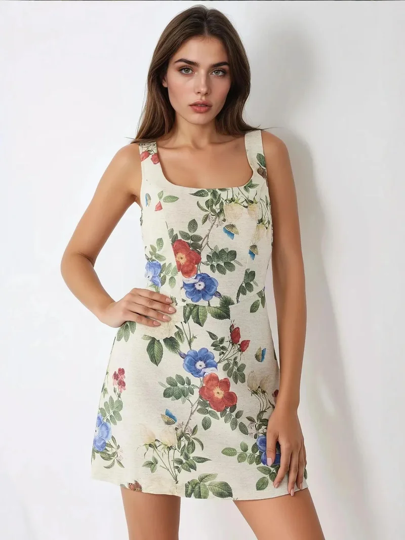 HICCUP Multicolor Square Neck Flower Pattern Linen Feel Mini Dress for Women | Best Price UAE