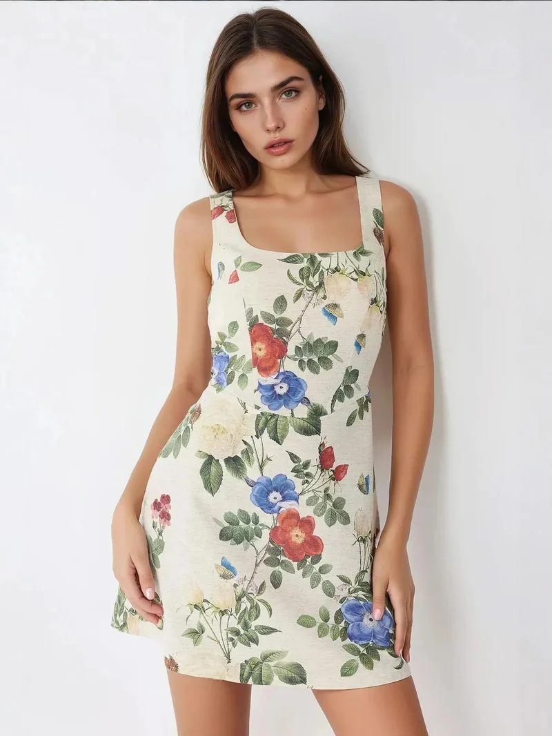 زوبعة فستان قصير بنقشة زهور بياقة مربعة وملمس كتان