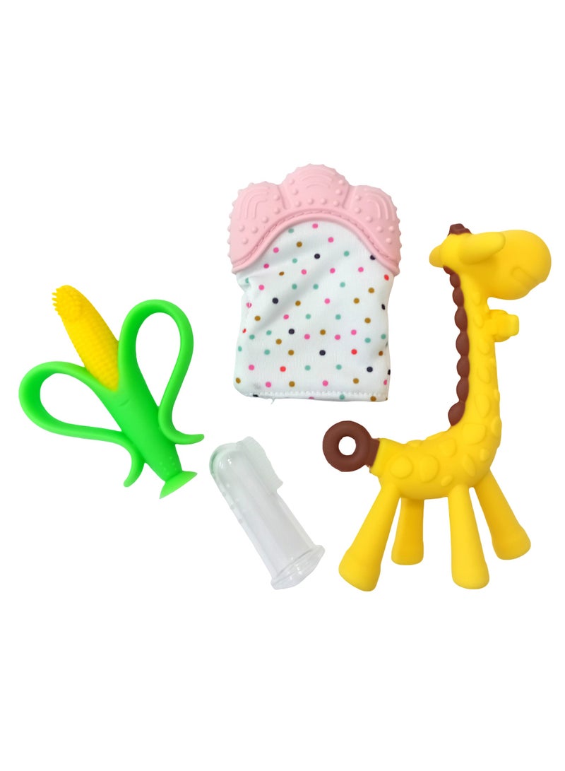 LOOFI Teething Toy Set Teethers Hand Teething Glove, a Giraffe, a Corn and Teething Brush - Baby Teething - Silicone Teethers - Baby Supplies - 4 Pieces - Color 6 - Image 1