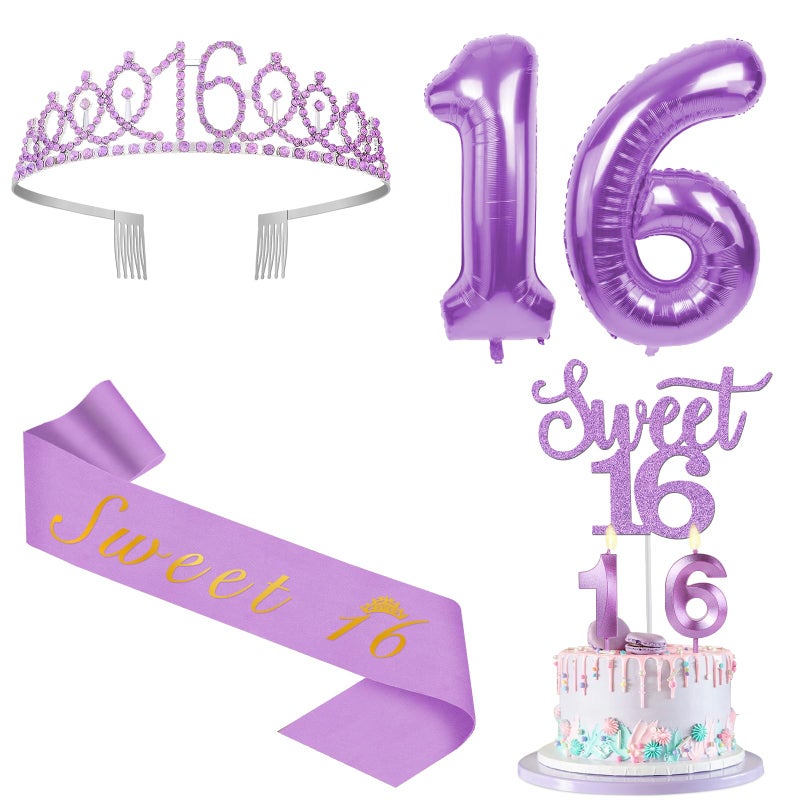 YeohJoy 16th Birthday Decorations for Girls Purple with 16th Birthday Sash and Crown, Cake Topper and Candles, Number Balloons, 16 Year Old Gifts for Girls - Image 1