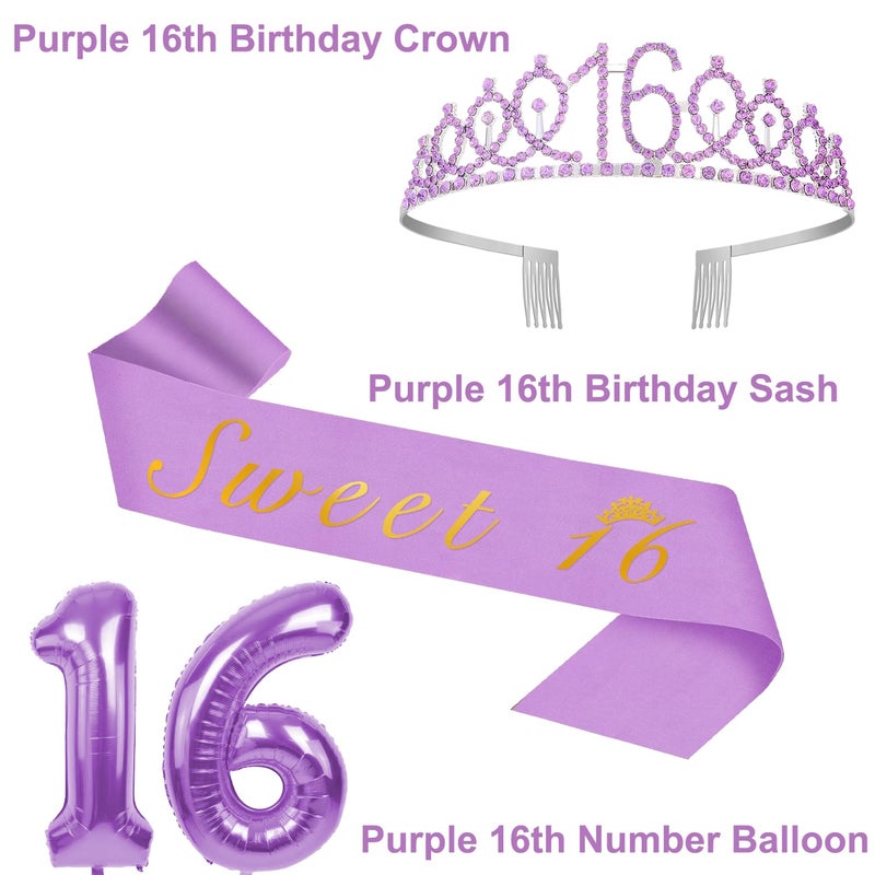 YeohJoy 16th Birthday Decorations for Girls Purple with 16th Birthday Sash and Crown, Cake Topper and Candles, Number Balloons, 16 Year Old Gifts for Girls - Image 3