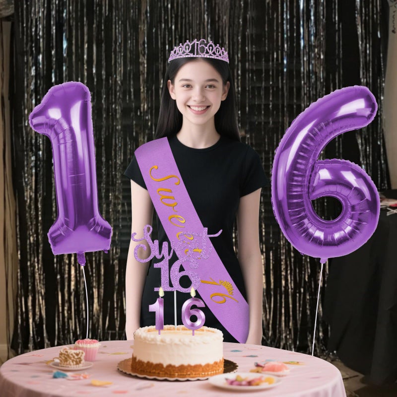 YeohJoy 16th Birthday Decorations for Girls Purple with 16th Birthday Sash and Crown, Cake Topper and Candles, Number Balloons, 16 Year Old Gifts for Girls - Image 2