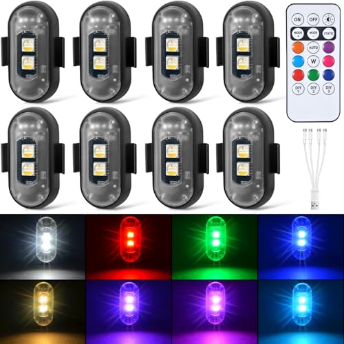 Aukmak 8PCS Wireless LED Strobe Lights with Remote Control 8 Colors Rechargeable Led Lights AntiCollision LED Emergency Warning Lights for Car Motorcycle Bike Drone Aircraft - Image 1