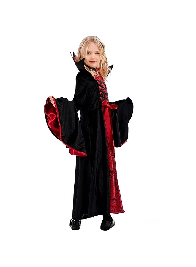 Halloween Kids Girls Costume - Scary Royal Vampire Witch Costume, Vintage Black&Red Dress with Stand-Up Collar, Flared Sleeves, for Halloween Dress Up, Cosplay, Vampire-Themed Party - Image 5