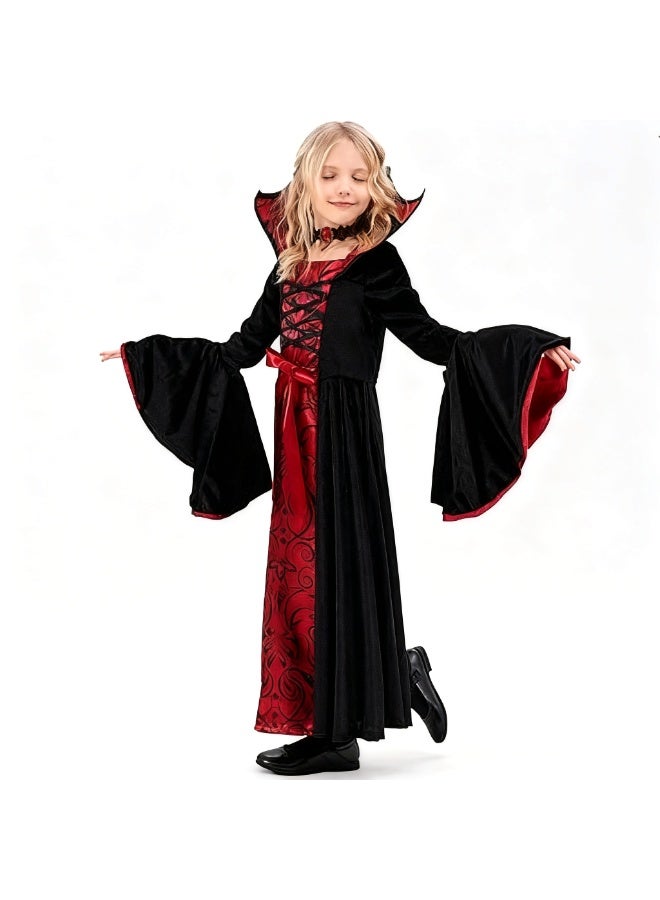 Halloween Kids Girls Costume - Scary Royal Vampire Witch Costume, Vintage Black&Red Dress with Stand-Up Collar, Flared Sleeves, for Halloween Dress Up, Cosplay, Vampire-Themed Party - Image 4