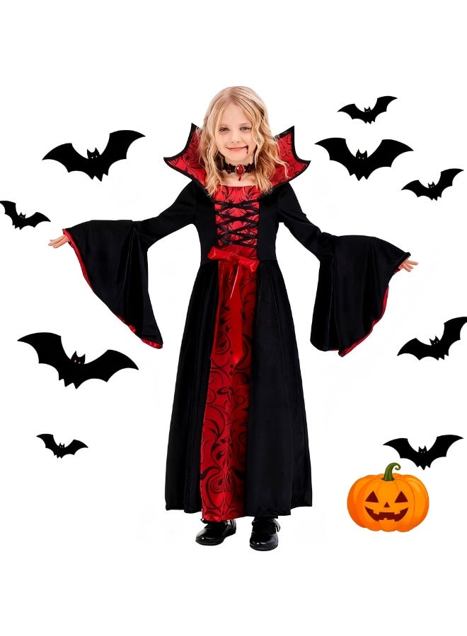 Halloween Kids Girls Costume - Scary Royal Vampire Witch Costume, Vintage Black&Red Dress with Stand-Up Collar, Flared Sleeves, for Halloween Dress Up, Cosplay, Vampire-Themed Party - Image 1
