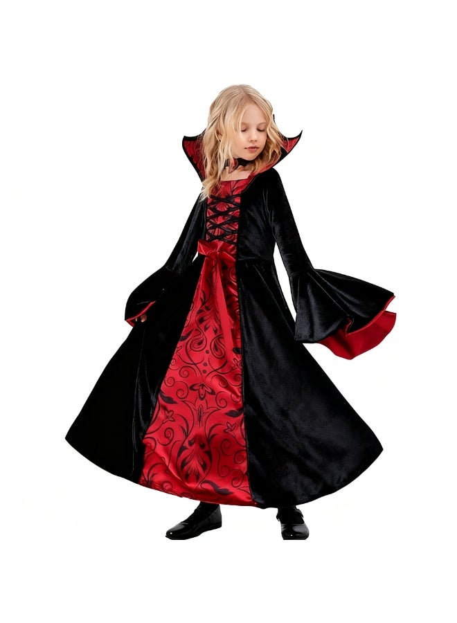 Halloween Kids Girls Costume - Scary Royal Vampire Witch Costume, Vintage Black&Red Dress with Stand-Up Collar, Flared Sleeves, for Halloween Dress Up, Cosplay, Vampire-Themed Party - Image 3
