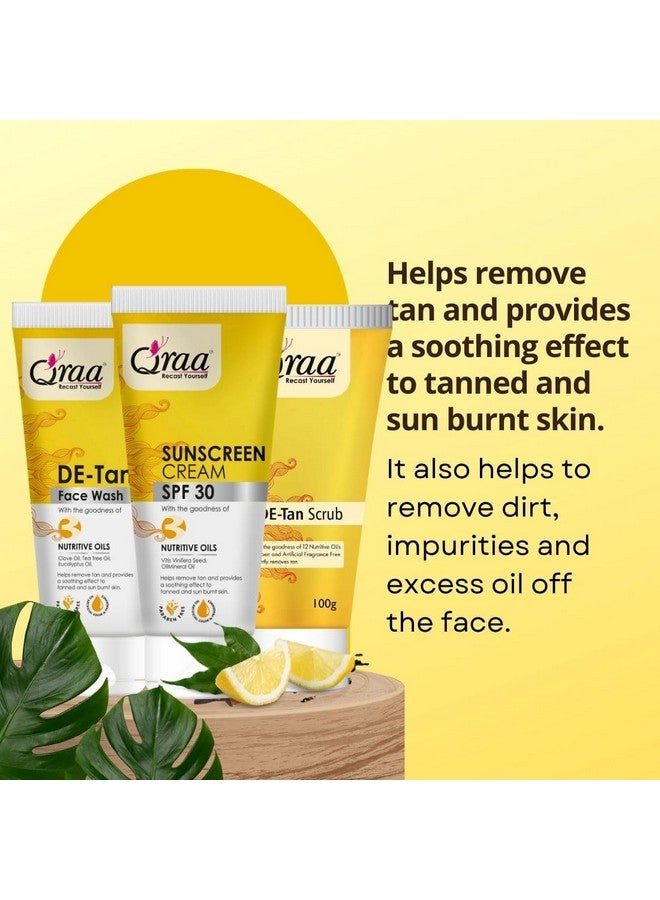 Qraa De -Tan Combo Pack | Helps In Tan Removal & Dirt | Improves Pigmentation & Uneven Skin Tone | Scrub Face Wash & Sunscreen Cream SPF 30 100gm | Pack of 3 - Image 2