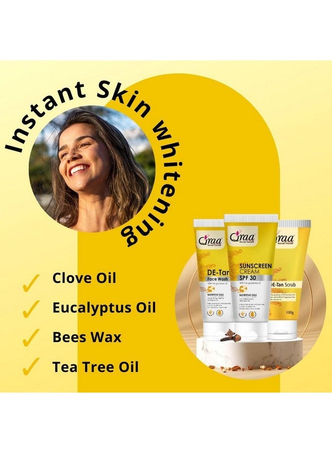 Qraa De -Tan Combo Pack | Helps In Tan Removal & Dirt | Improves Pigmentation & Uneven Skin Tone | Scrub Face Wash & Sunscreen Cream SPF 30 100gm | Pack of 3 - Image 4