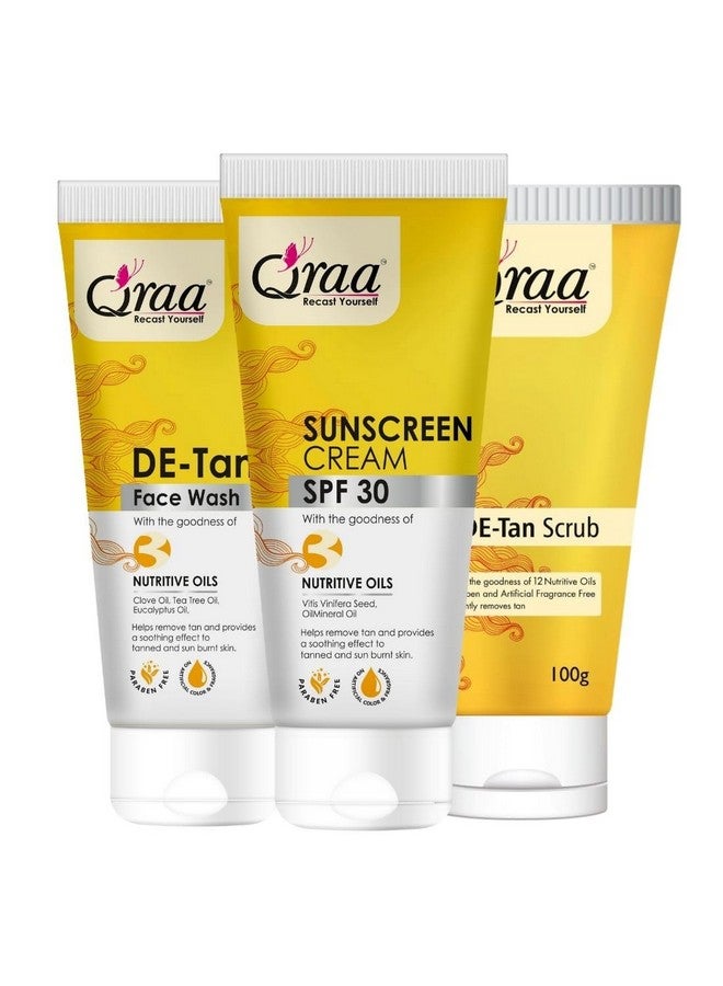 Qraa De -Tan Combo Pack | Helps In Tan Removal & Dirt | Improves Pigmentation & Uneven Skin Tone | Scrub Face Wash & Sunscreen Cream SPF 30 100gm | Pack of 3 - Image 1